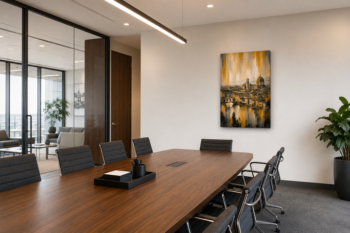 Elegant Florence cityscape canvas wall art in a modern executive conference room with walnut table, charcoal chairs, glass walls, and warm neutral décor.