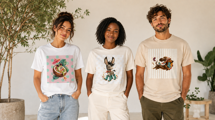 Two women and a man wearing whimsical animal graphic T-shirts by Nova Creative Studio