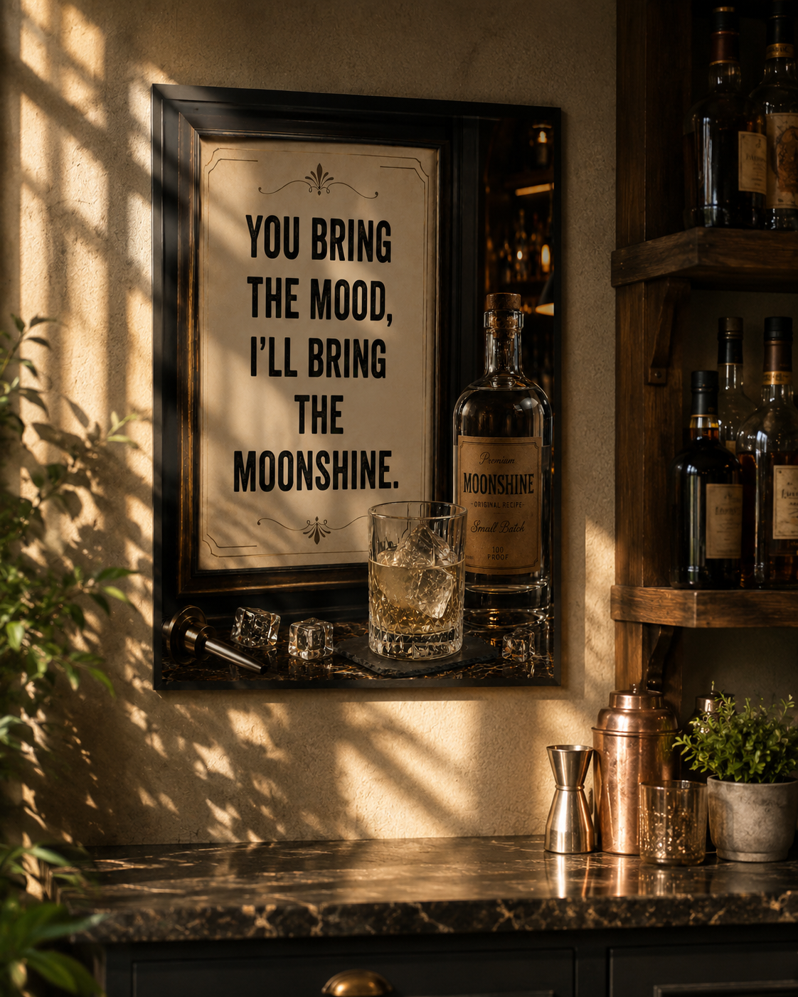 Home bar wall with framed quote art, bourbon bottles, cocktail tools, and warm sunlight.