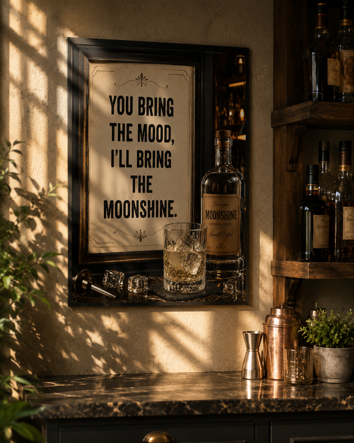 Home bar wall with framed quote art, bourbon bottles, cocktail tools, and warm sunlight.