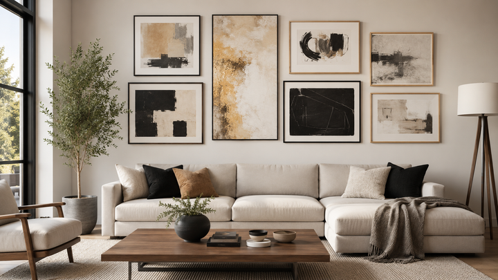 Modern living room with a curated gallery wall of neutral abstract artwork above a cream sectional sofa.