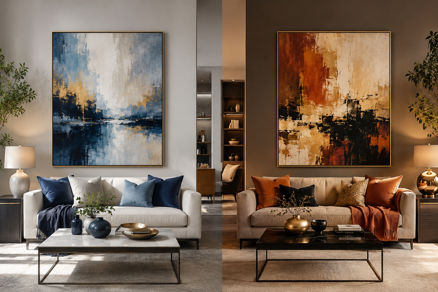 Split living room showing how cool blue wall art creates a calm mood while warm orange wall art creates a cozy atmosphere.