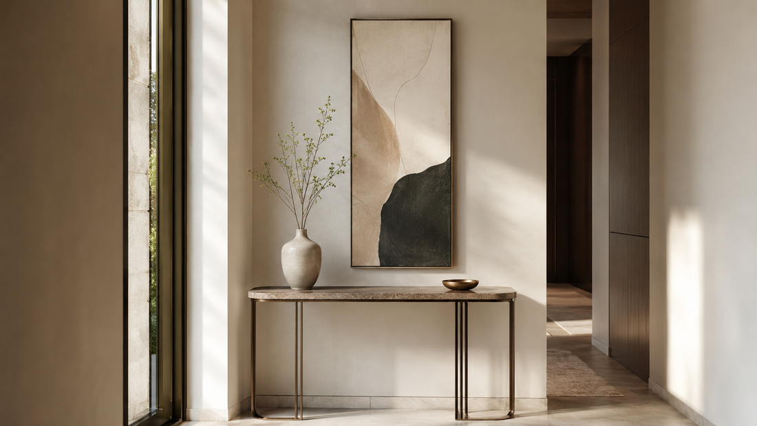 Vertical wall art displayed on a narrow hallway wall