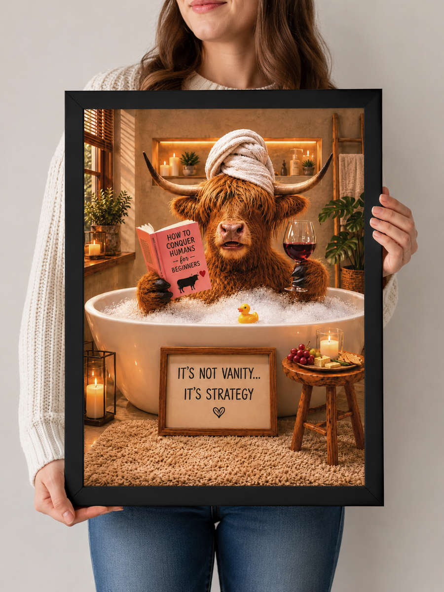Funny Highland Cow Bathroom Art. Relaxing Bubble Bath Poser, Rustic Farmhouse Decor