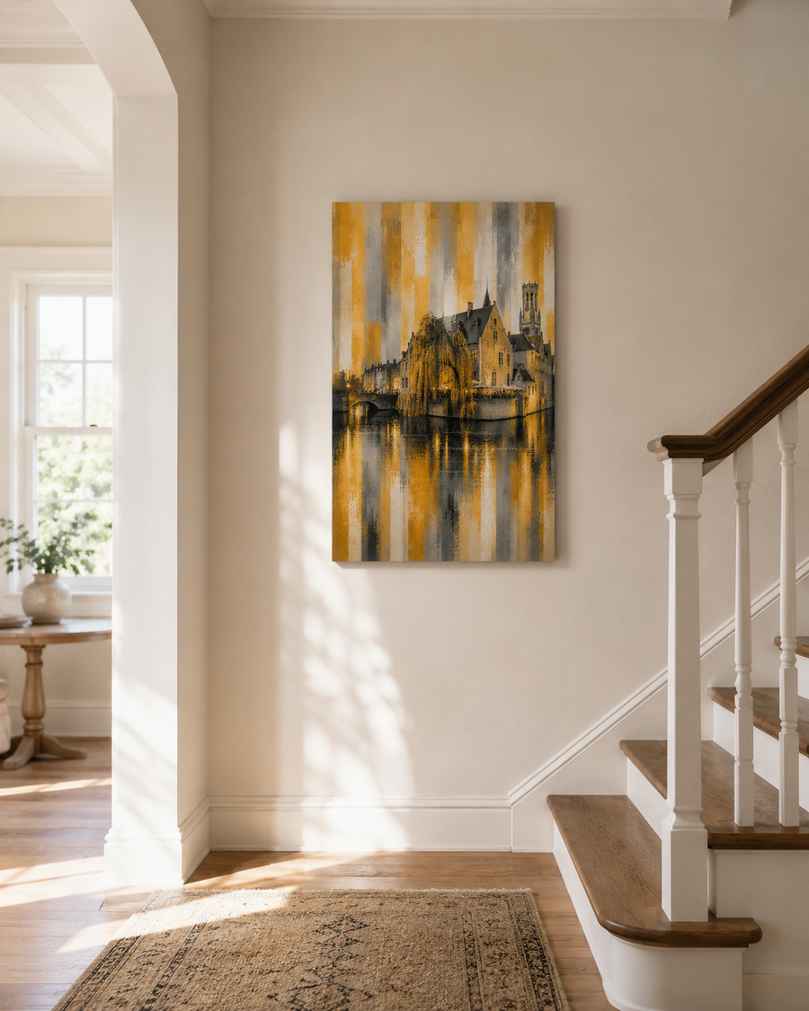 Bruges Canal Canvas Wall Art, Golden Belgian Cityscape, Elegant Vertical Home Decor