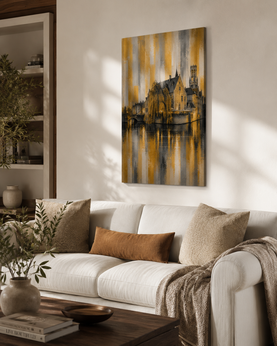 Bruges Canal Canvas Wall Art, Golden Belgian Cityscape, Elegant Vertical Home Decor