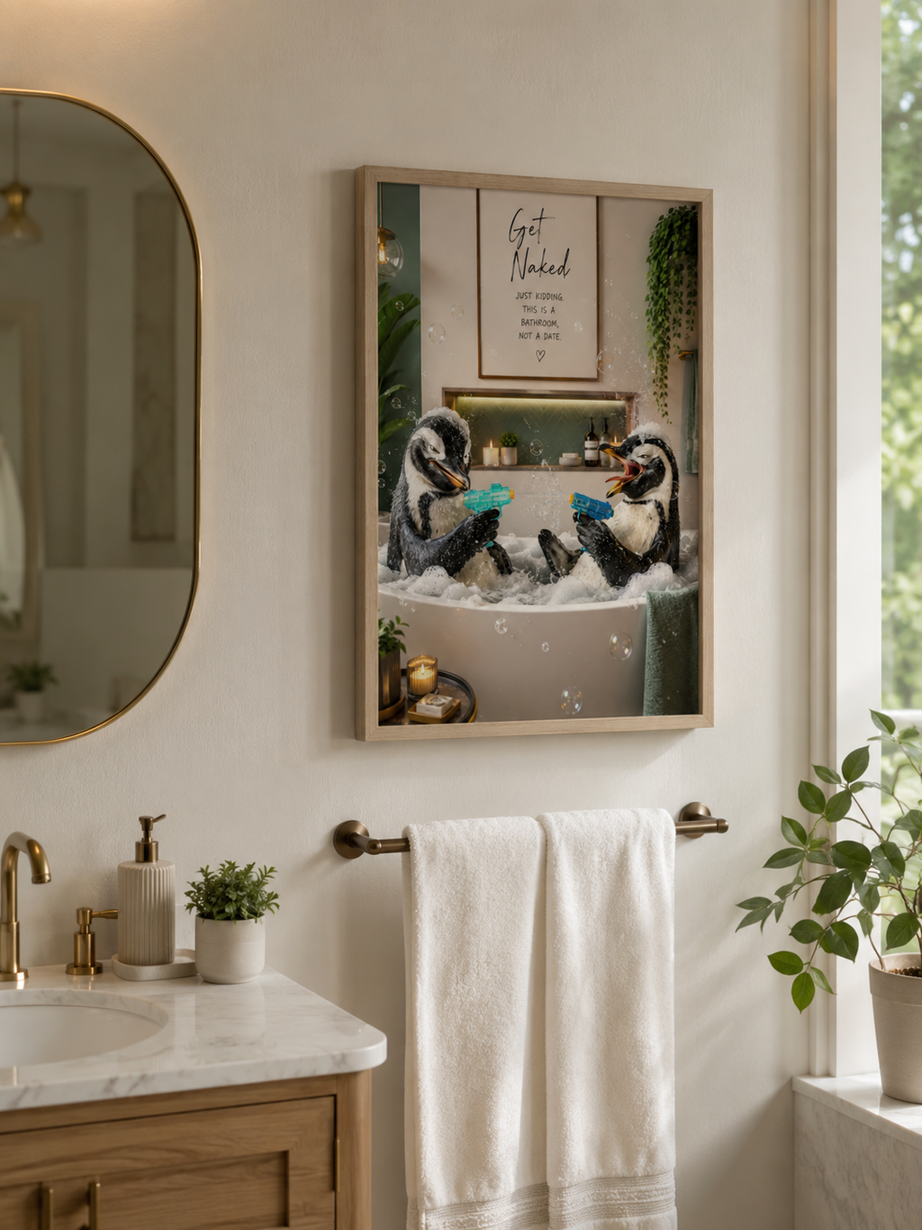 Affiche amusante de salle de bain avec un pingouin, "Get Naked Just Kidding" Décoration murale