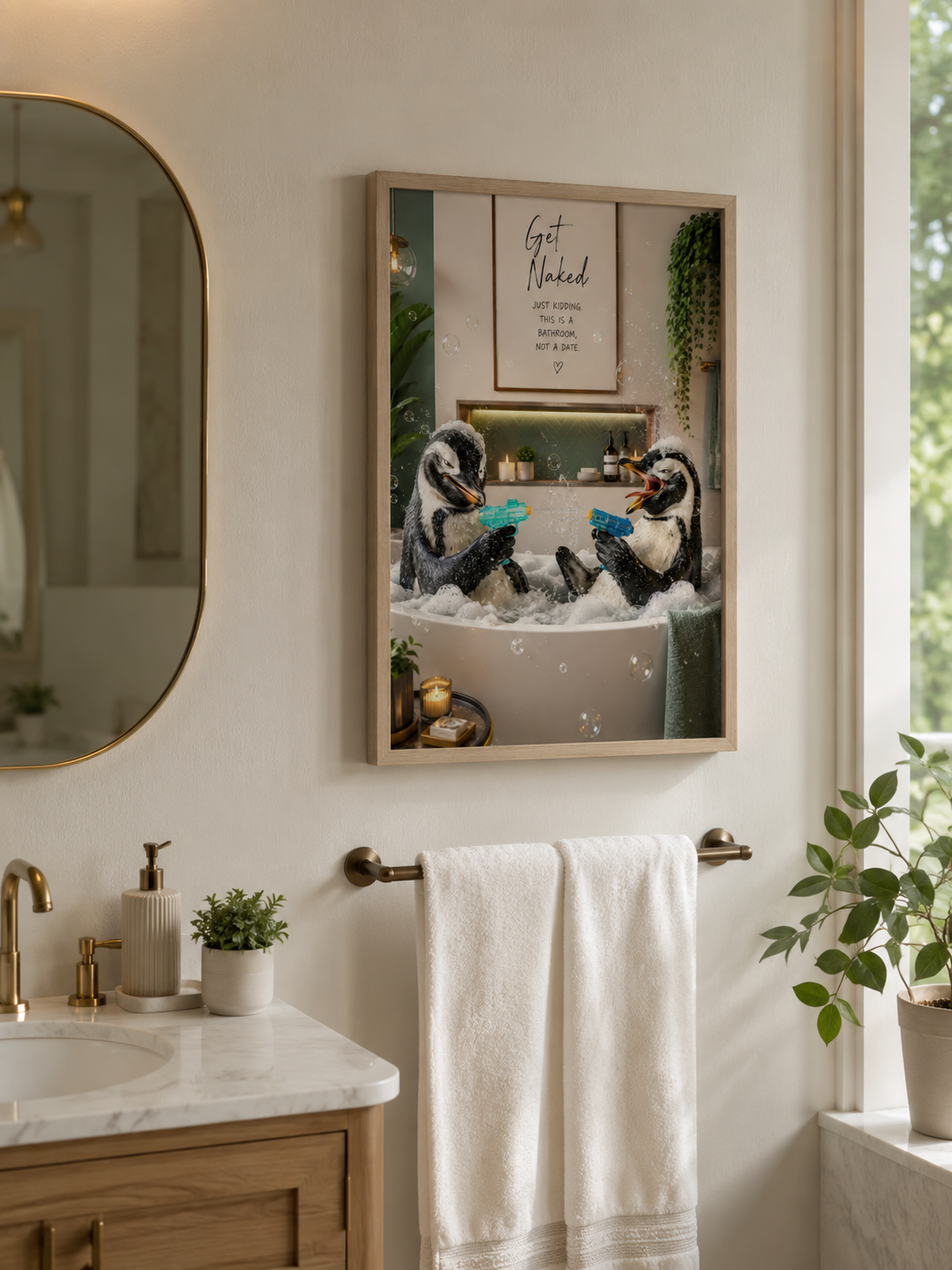 Funny Penguin Bathroom Poster, Get Naked Just Kidding Wall Art