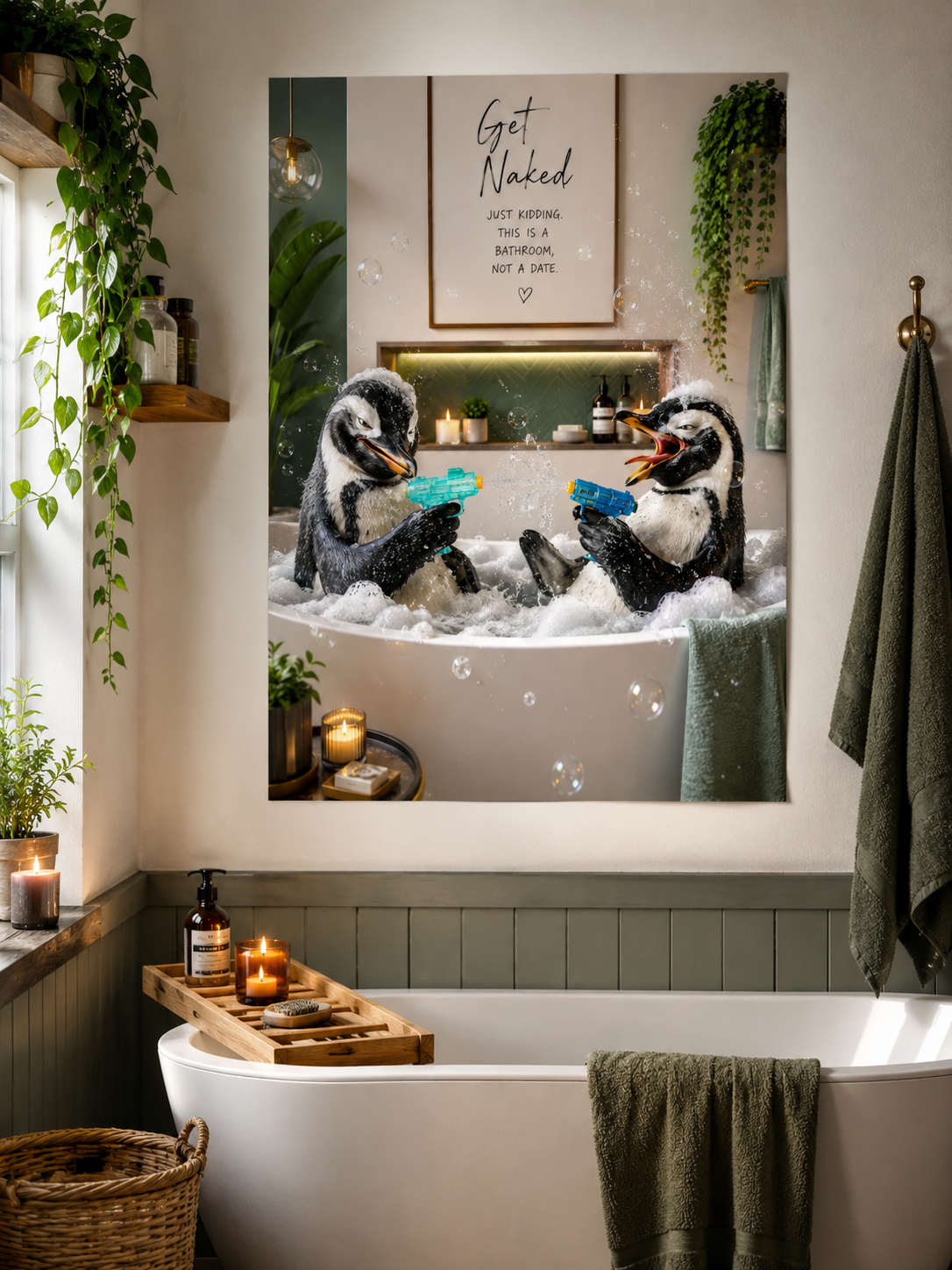 Funny Penguin Bathroom Poster, Get Naked Just Kidding Wall Art