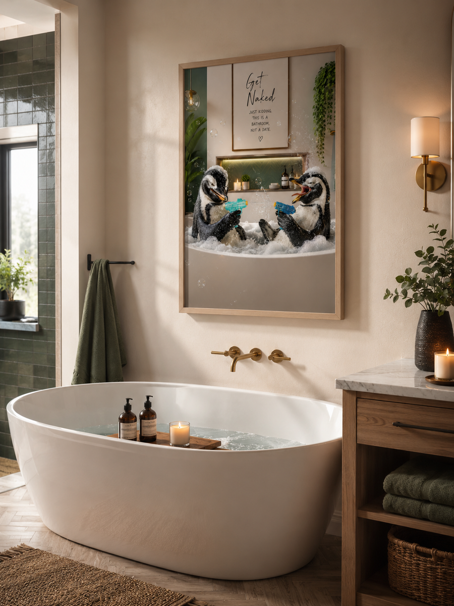 Póster divertido de pingüino para baño, "Get Naked Just Kidding" Arte de pared