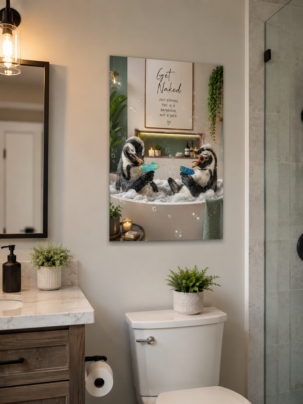 Affiche amusante de salle de bain avec un pingouin, "Get Naked Just Kidding" Décoration murale