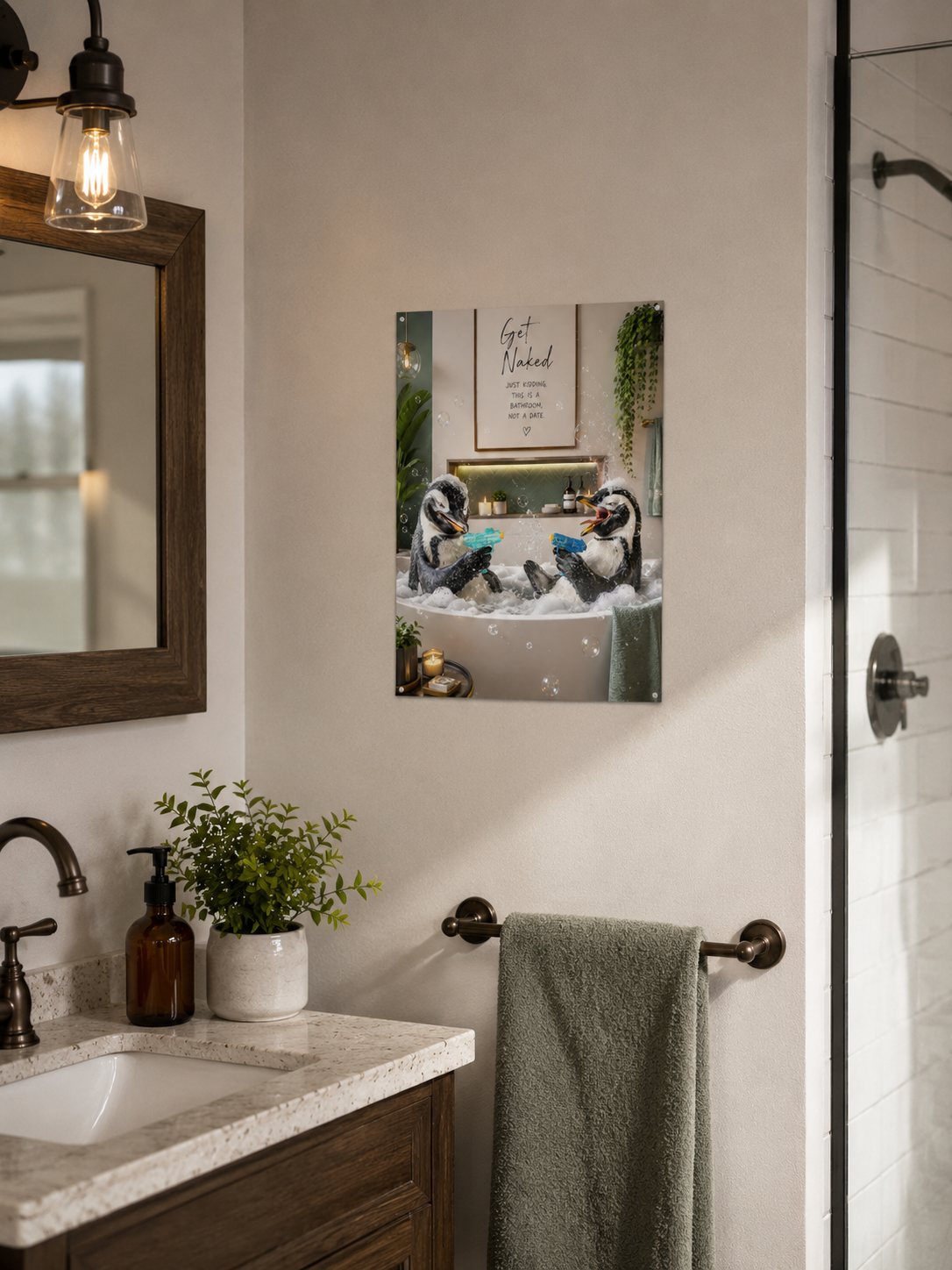 Funny Penguin Bathroom Poster, Get Naked Just Kidding Wall Art