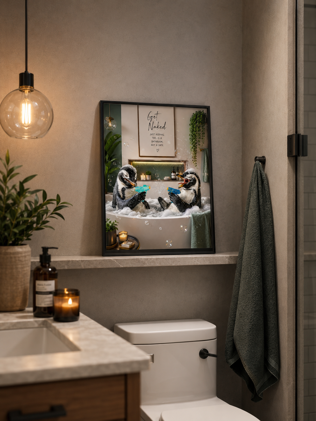Affiche amusante de salle de bain avec un pingouin, "Get Naked Just Kidding" Décoration murale
