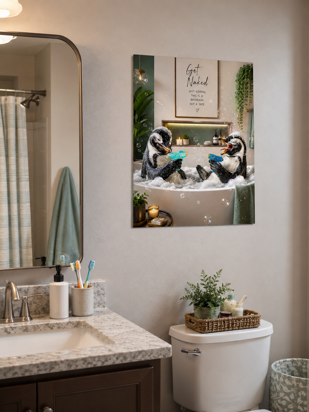 Affiche amusante de salle de bain avec un pingouin, "Get Naked Just Kidding" Décoration murale
