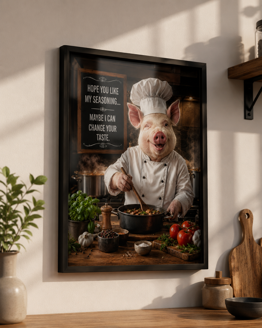 Funny Pig Chef Poster, Rustic Kitchen Wall Art with Farmhouse Humor for Cooking Lovers