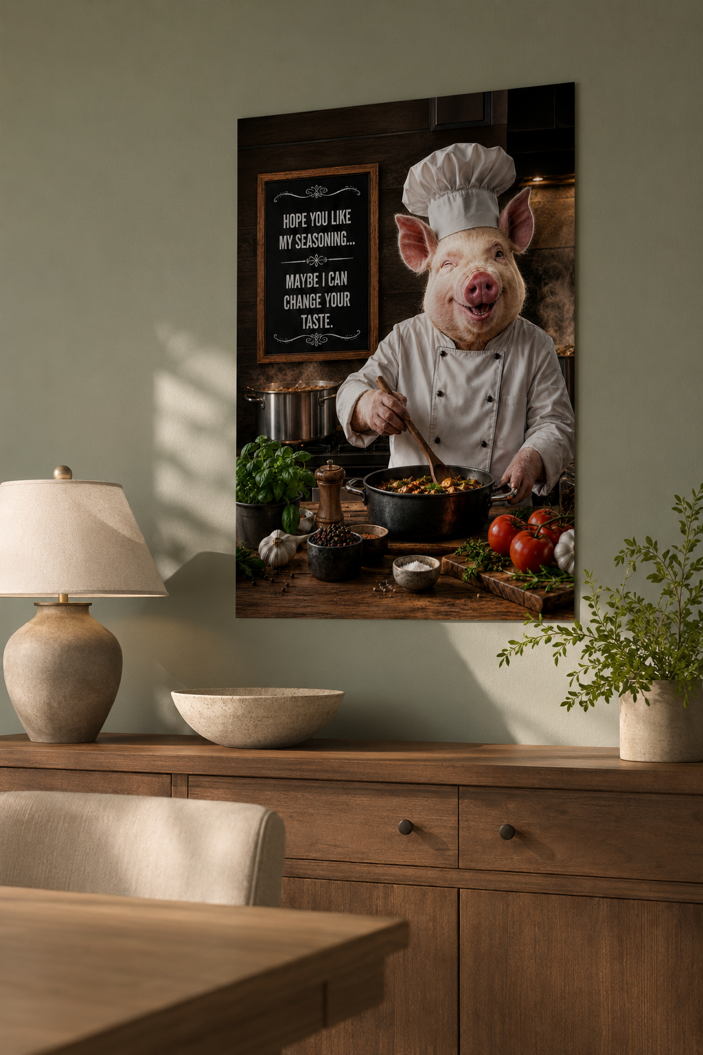 Funny Pig Chef Poster, Rustic Kitchen Wall Art with Farmhouse Humor for Cooking Lovers