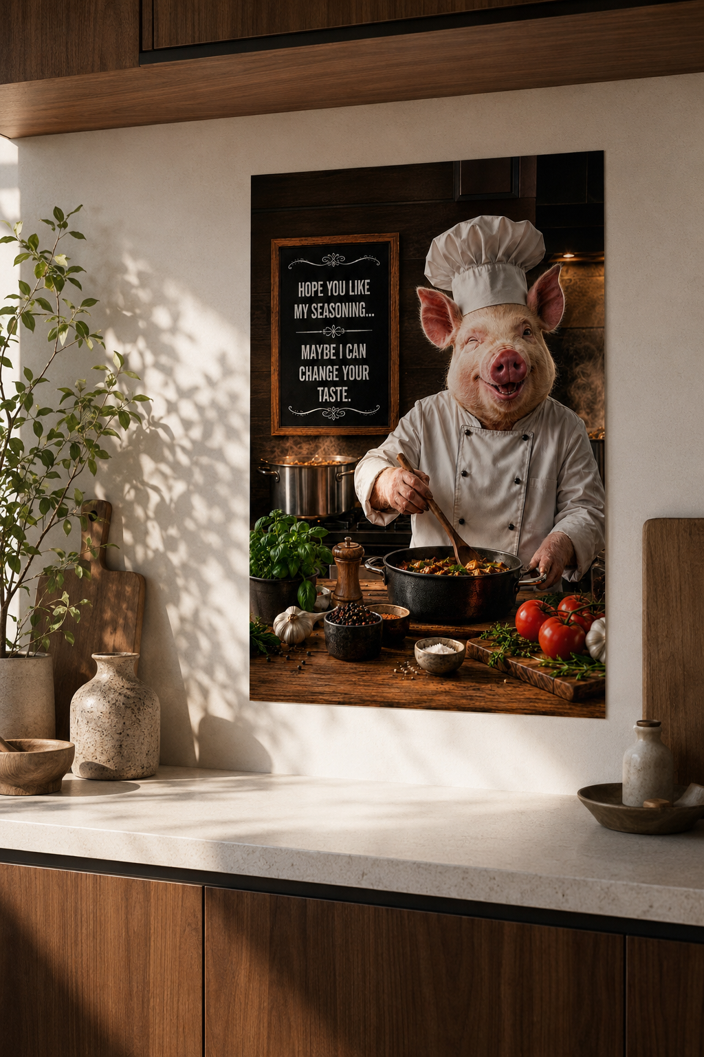 Funny Pig Chef Poster, Rustic Kitchen Wall Art with Farmhouse Humor for Cooking Lovers