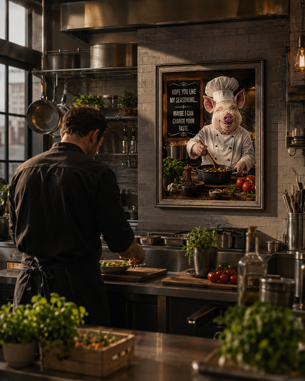 Funny Pig Chef Poster, Rustic Kitchen Wall Art with Farmhouse Humor for Cooking Lovers