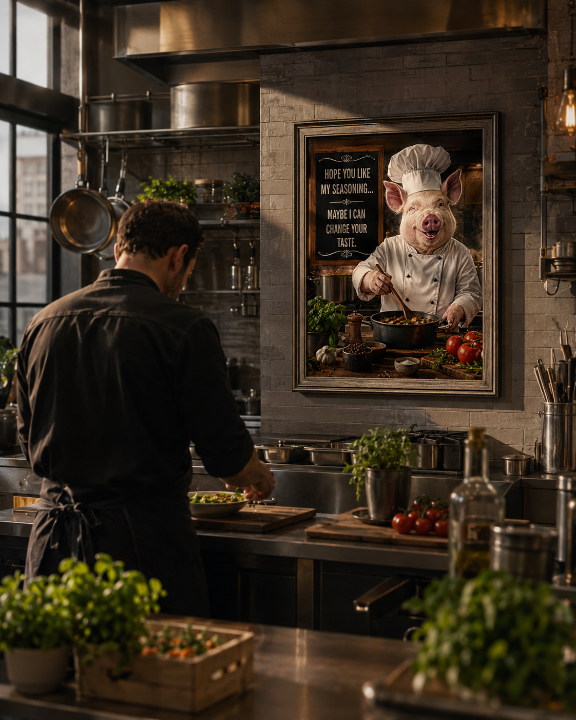 Funny Pig Chef Poster, Rustic Kitchen Wall Art with Farmhouse Humor for Cooking Lovers