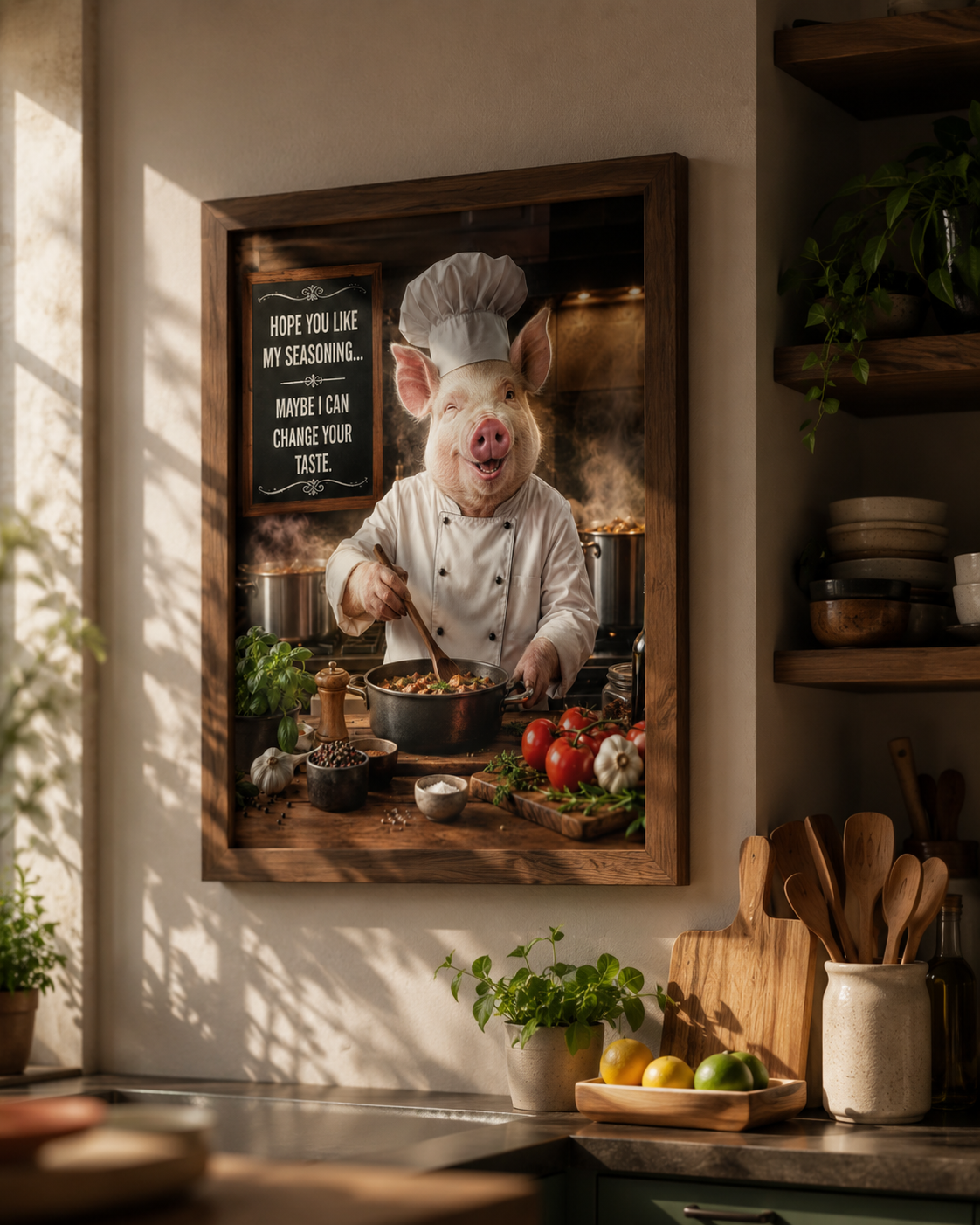 Funny Pig Chef Poster, Rustic Kitchen Wall Art with Farmhouse Humor for Cooking Lovers