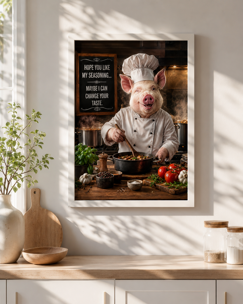 Funny Pig Chef Poster, Rustic Kitchen Wall Art with Farmhouse Humor for Cooking Lovers