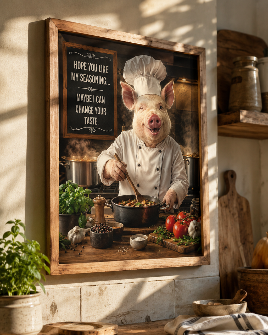 Funny Pig Chef Poster, Rustic Kitchen Wall Art with Farmhouse Humor for Cooking Lovers