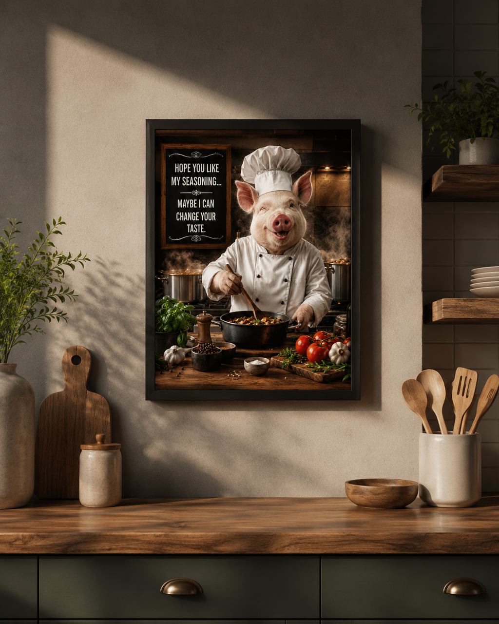 Funny Pig Chef Poster, Rustic Kitchen Wall Art with Farmhouse Humor for Cooking Lovers