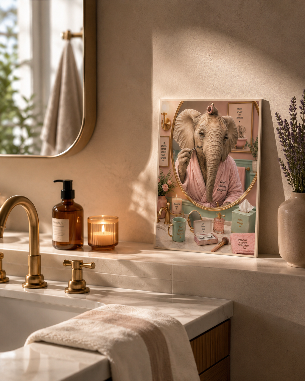 Impression murale éléphant premium, décoration de salle de bain amusante et affiche animale de luxe