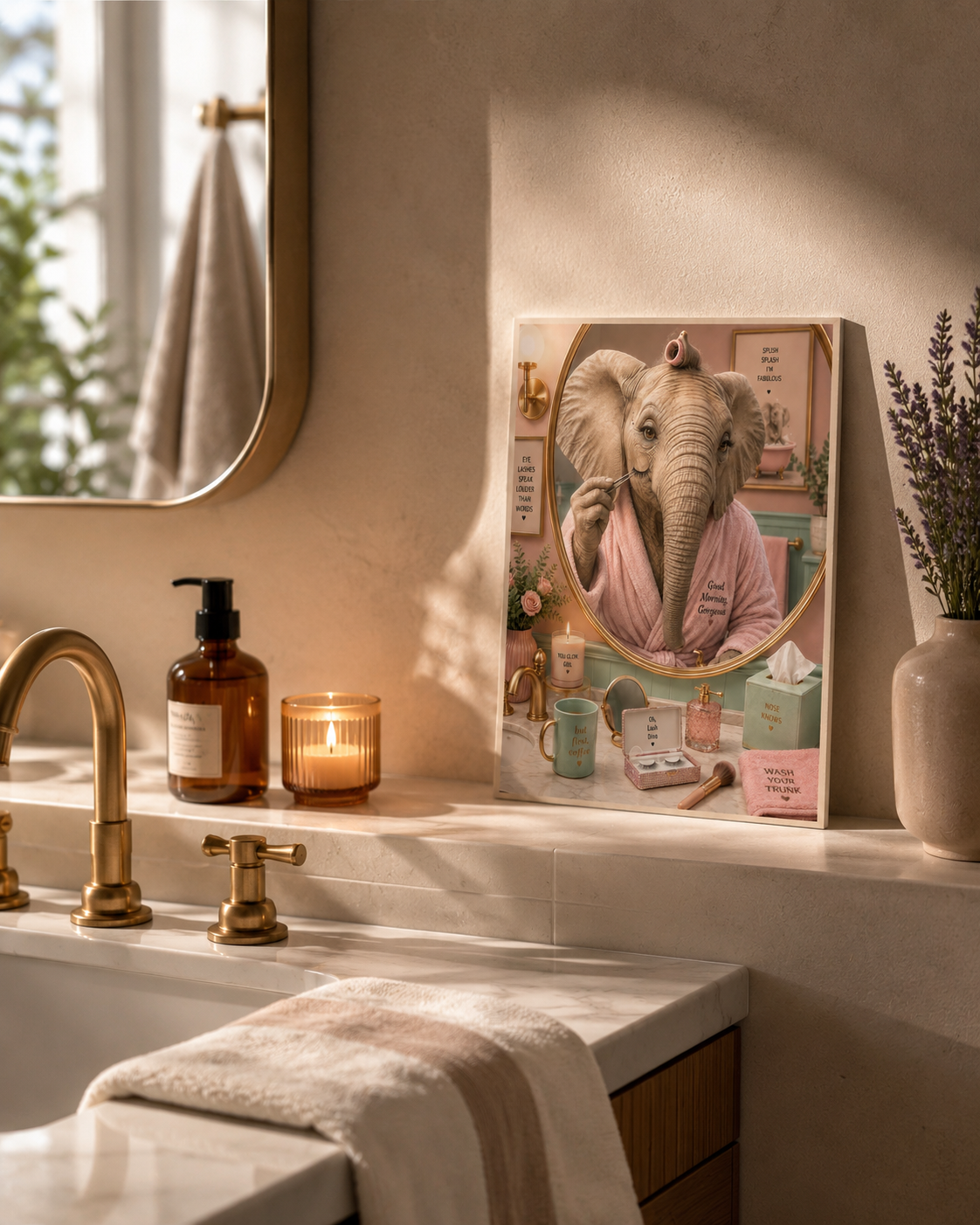 Impression murale éléphant premium, décoration de salle de bain amusante et affiche animale de luxe