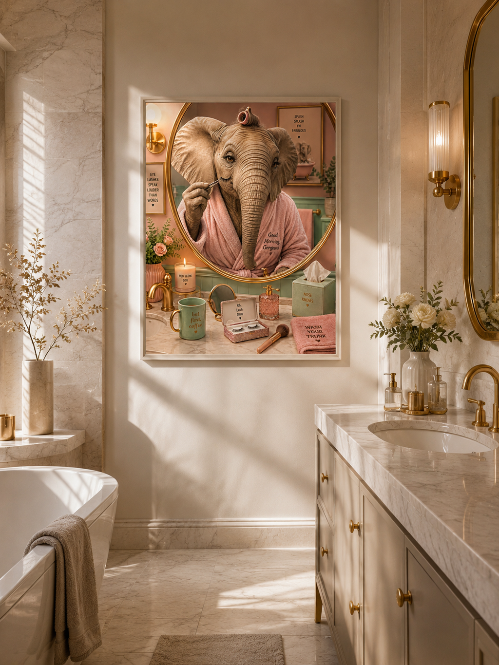 Impression murale éléphant premium, décoration de salle de bain amusante et affiche animale de luxe
