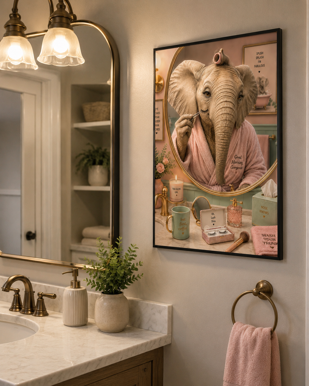 Impression murale éléphant premium, décoration de salle de bain amusante et affiche animale de luxe