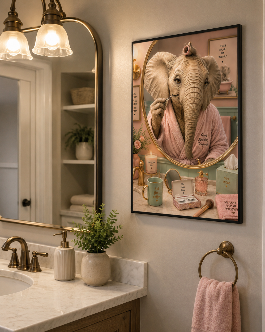 Impression murale éléphant premium, décoration de salle de bain amusante et affiche animale de luxe