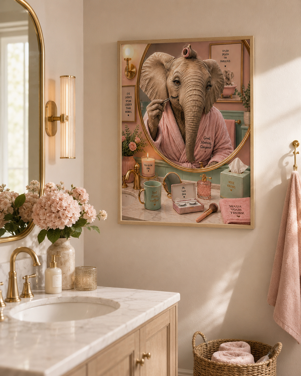 Impression murale éléphant premium, décoration de salle de bain amusante et affiche animale de luxe