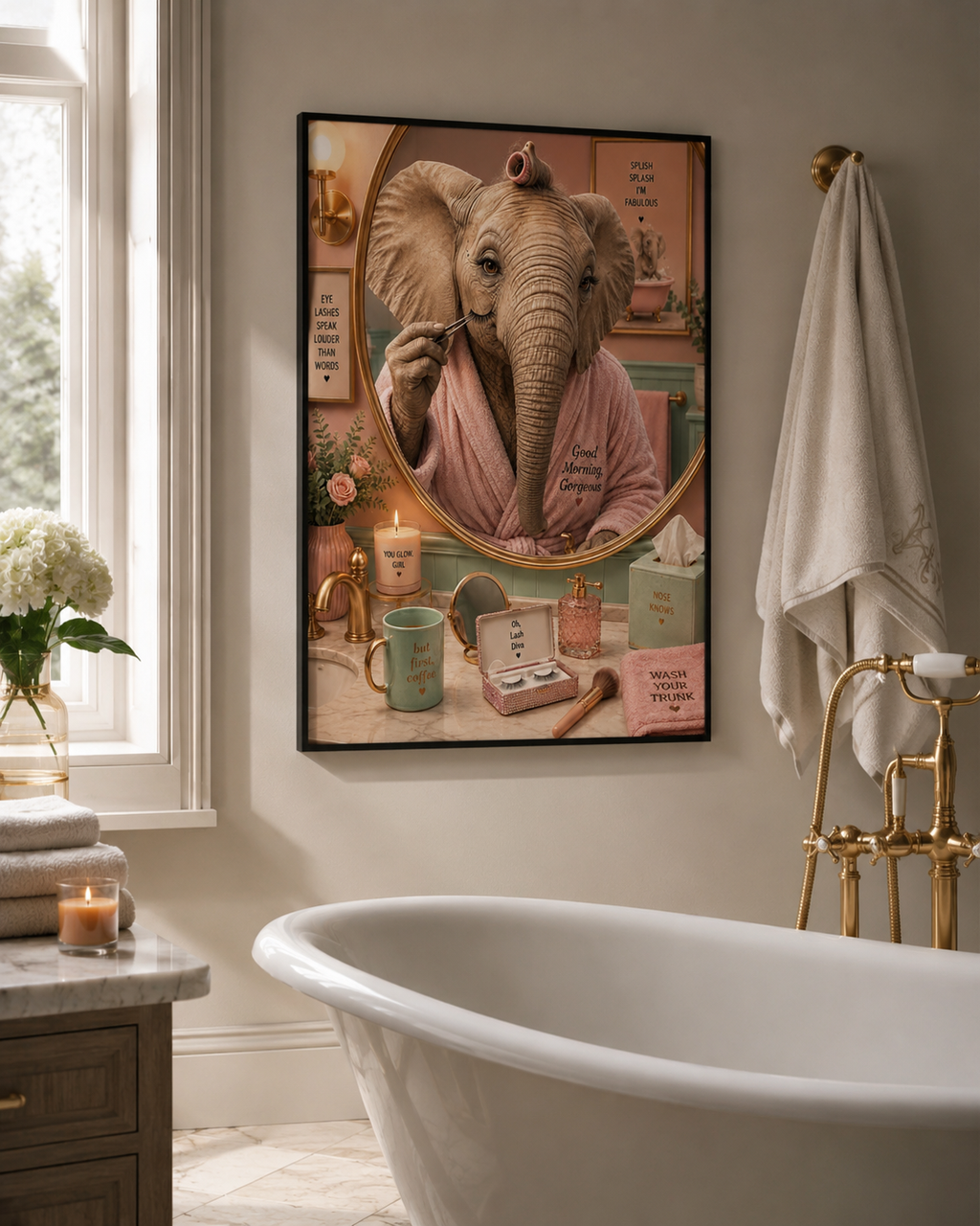 Impression murale éléphant premium, décoration de salle de bain amusante et affiche animale de luxe
