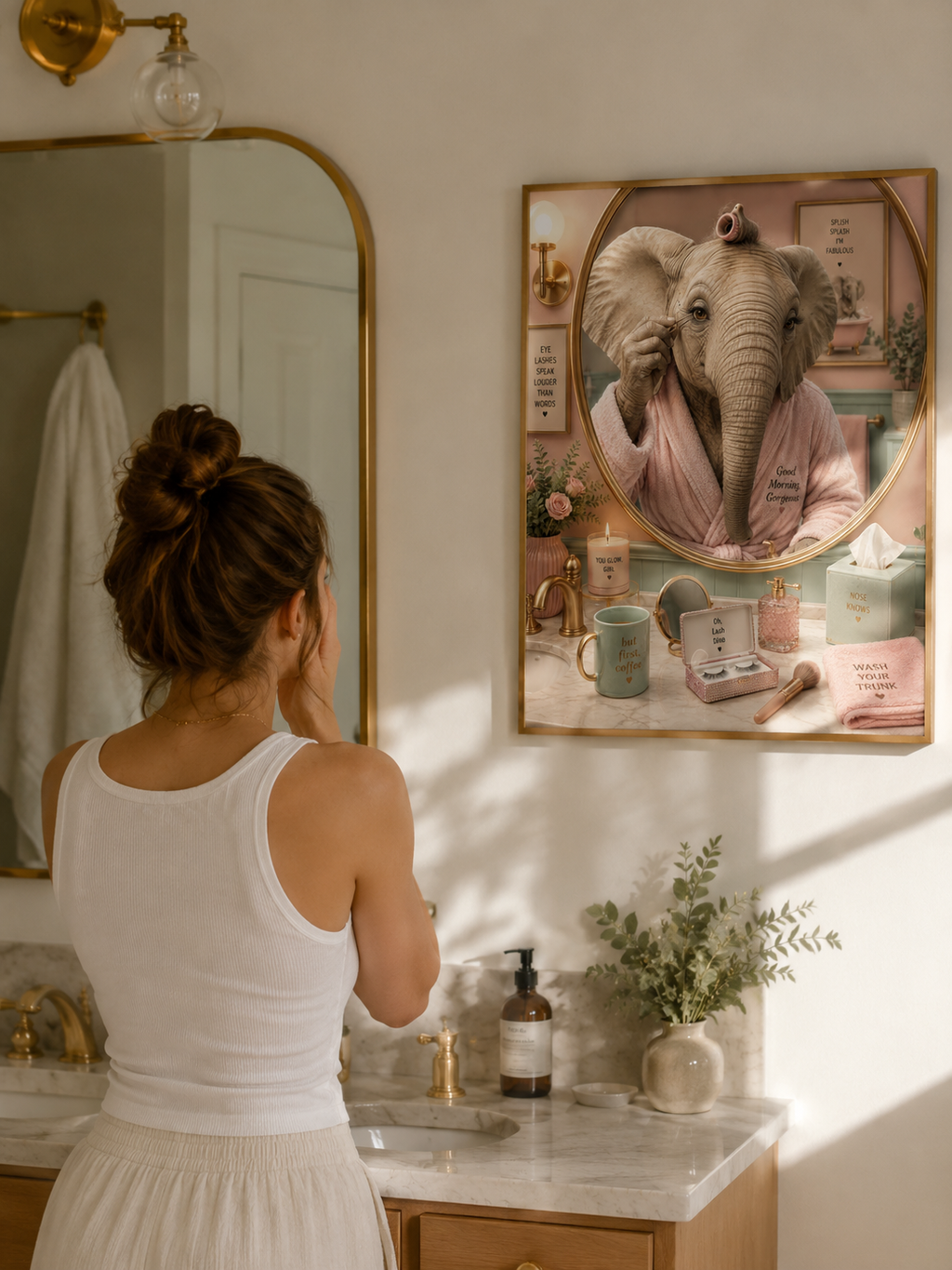 Impression murale éléphant premium, décoration de salle de bain amusante et affiche animale de luxe