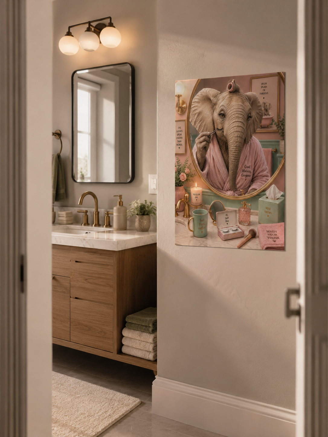 Impression murale éléphant premium, décoration de salle de bain amusante et affiche animale de luxe