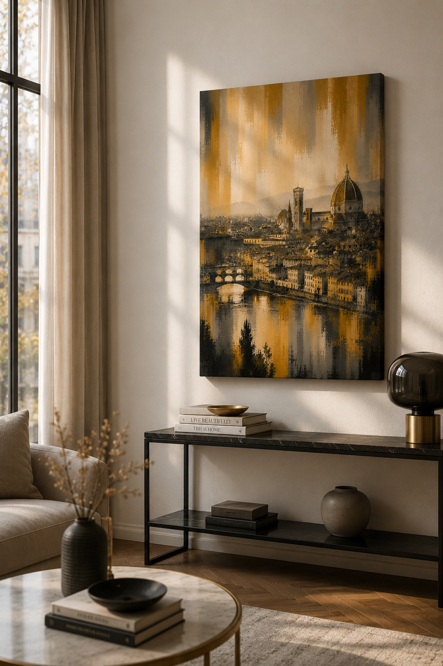 Florence Canvas Wall Art, Golden Florence Italy Cityscape, Duomo and Arno River Canvas Print, Luxury Italian Decor