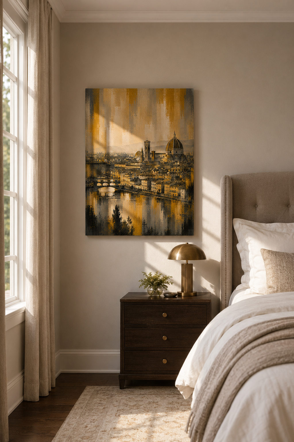 Toile murale Florence, paysage urbain doré de Florence en Italie, impression sur toile du Duomo et de la rivière Arno, décoration italienne de luxe