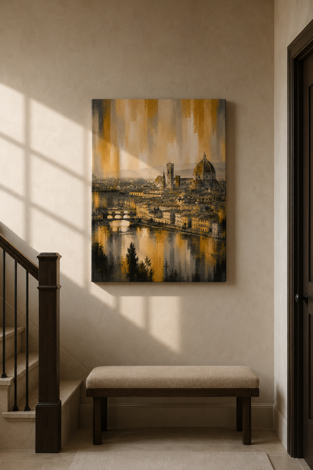Toile murale Florence, paysage urbain doré de Florence en Italie, impression sur toile du Duomo et de la rivière Arno, décoration italienne de luxe