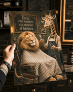 Affiche murale amusante d'animaux de barbier lion girafe espagnol, décoration murale humoristique pour caverne d'homme