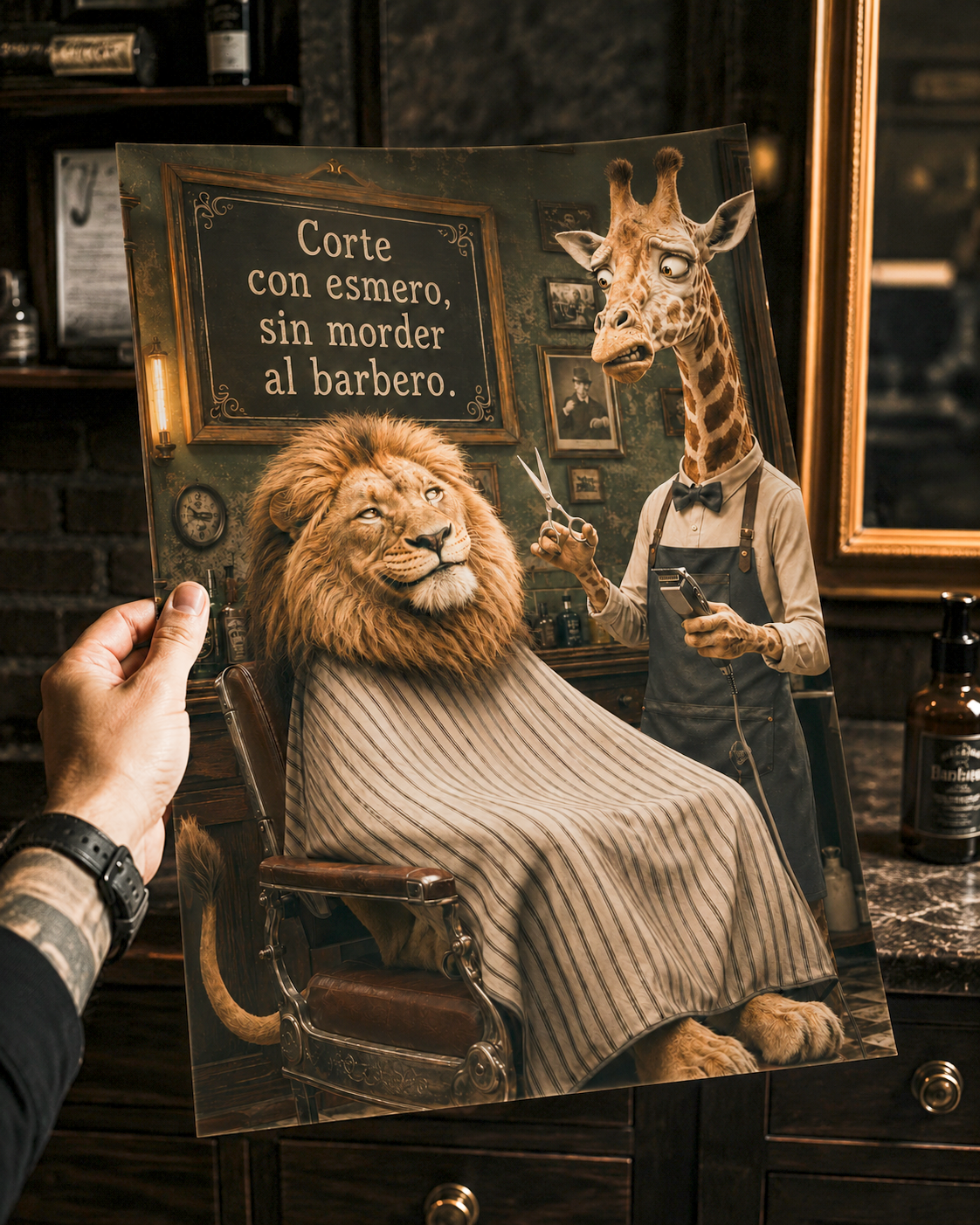 Affiche murale amusante d'animaux de barbier lion girafe espagnol, décoration murale humoristique pour caverne d'homme