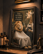 Affiche murale amusante d'animaux de barbier lion girafe espagnol, décoration murale humoristique pour caverne d'homme