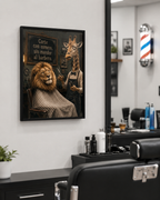 Affiche murale amusante d'animaux de barbier lion girafe espagnol, décoration murale humoristique pour caverne d'homme