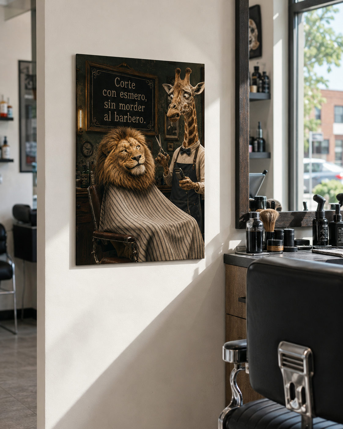 Spanish Lion Giraffe Barber Funny Animal Poster, Humorous Man Cave Wall Art