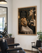 Affiche murale amusante d'animaux de barbier lion girafe espagnol, décoration murale humoristique pour caverne d'homme