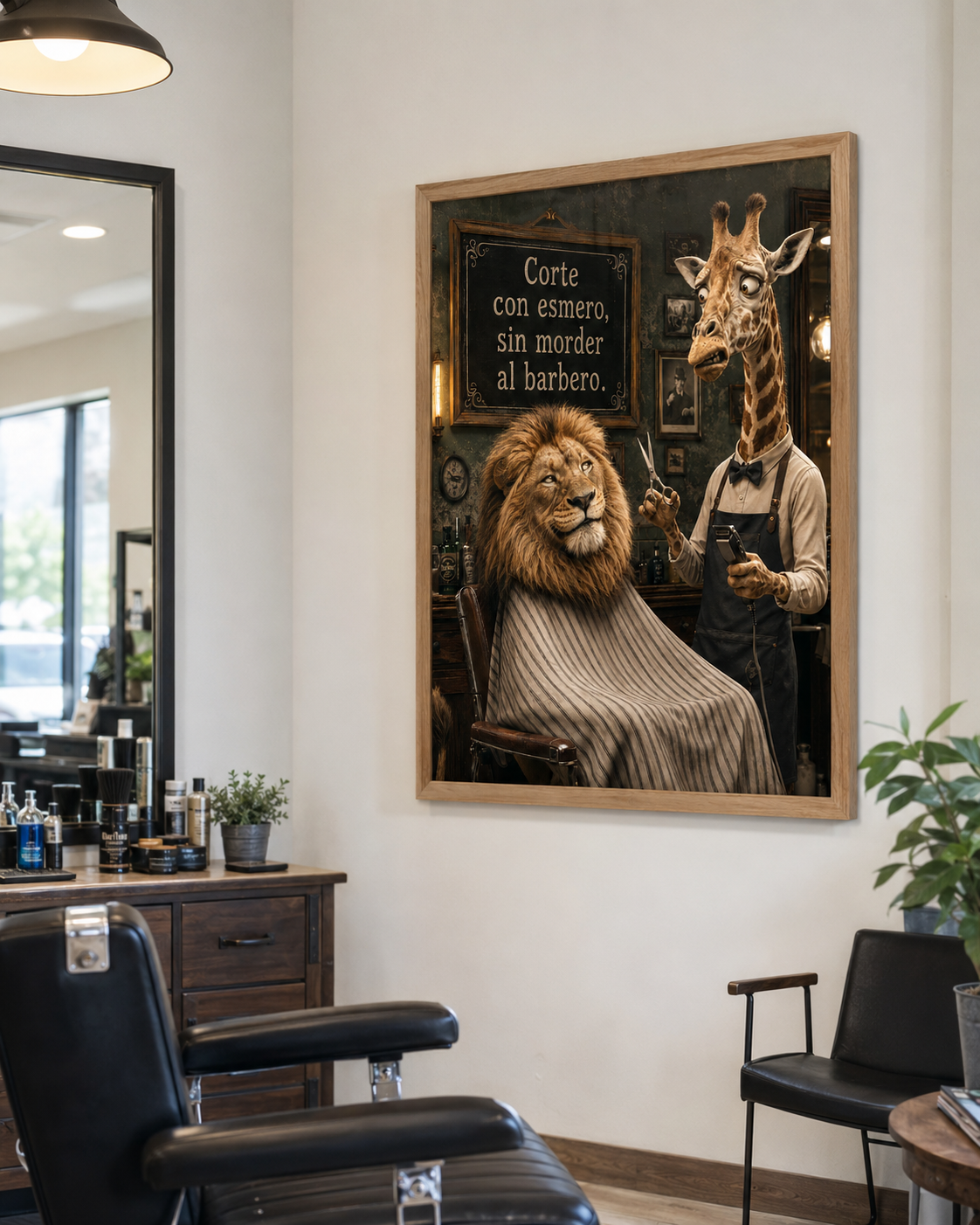 Spanish Lion Giraffe Barber Funny Animal Poster, Humorous Man Cave Wall Art
