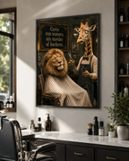Affiche murale amusante d'animaux de barbier lion girafe espagnol, décoration murale humoristique pour caverne d'homme