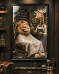 Affiche murale amusante d'animaux de barbier lion girafe espagnol, décoration murale humoristique pour caverne d'homme