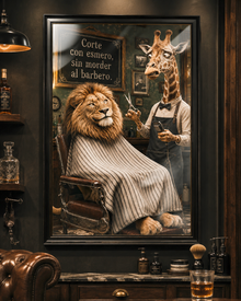 Spanish Lion Giraffe Barber Funny Animal Poster, Humorous Man Cave Wall Art