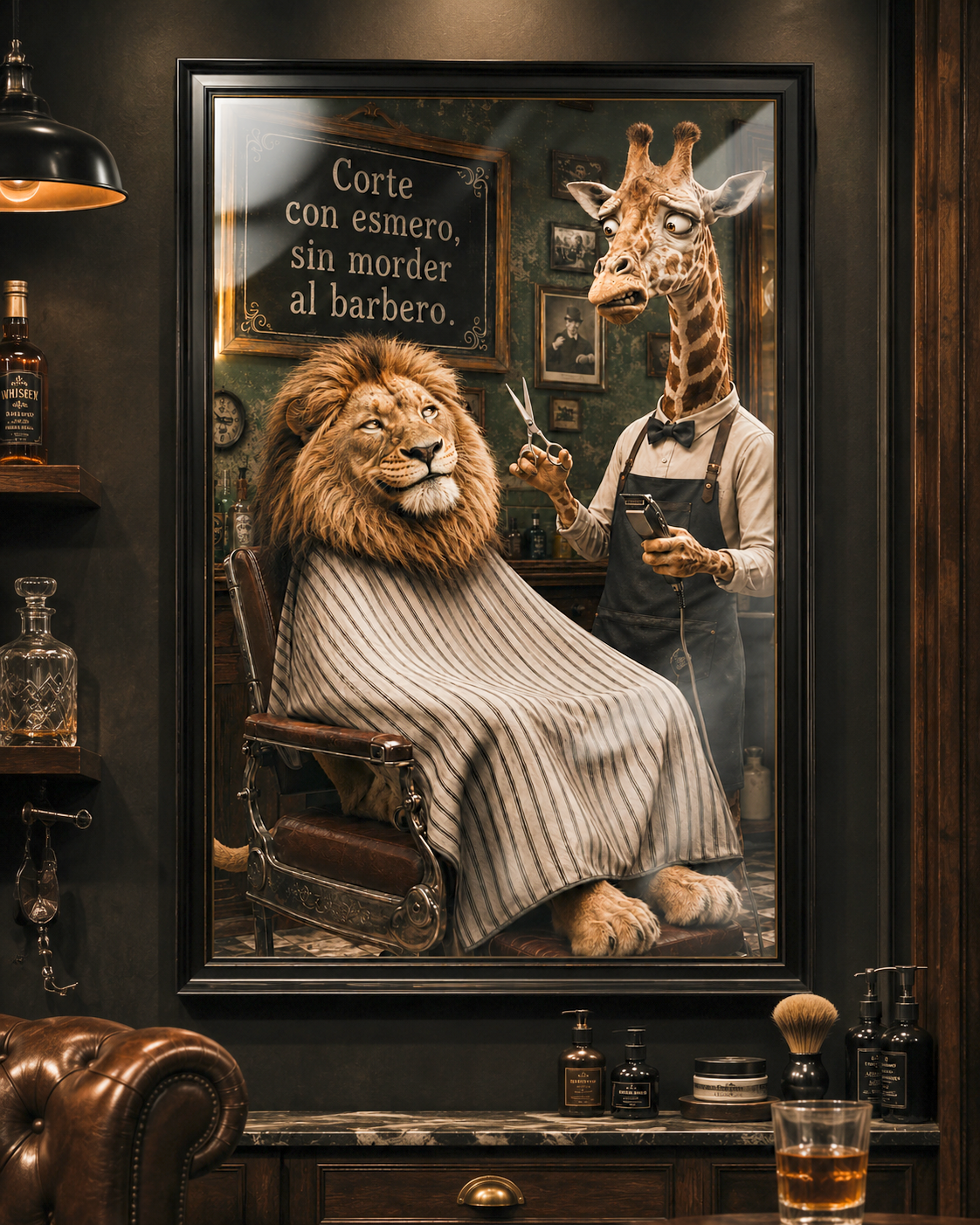Spanish Lion Giraffe Barber Funny Animal Poster, Humorous Man Cave Wall Art